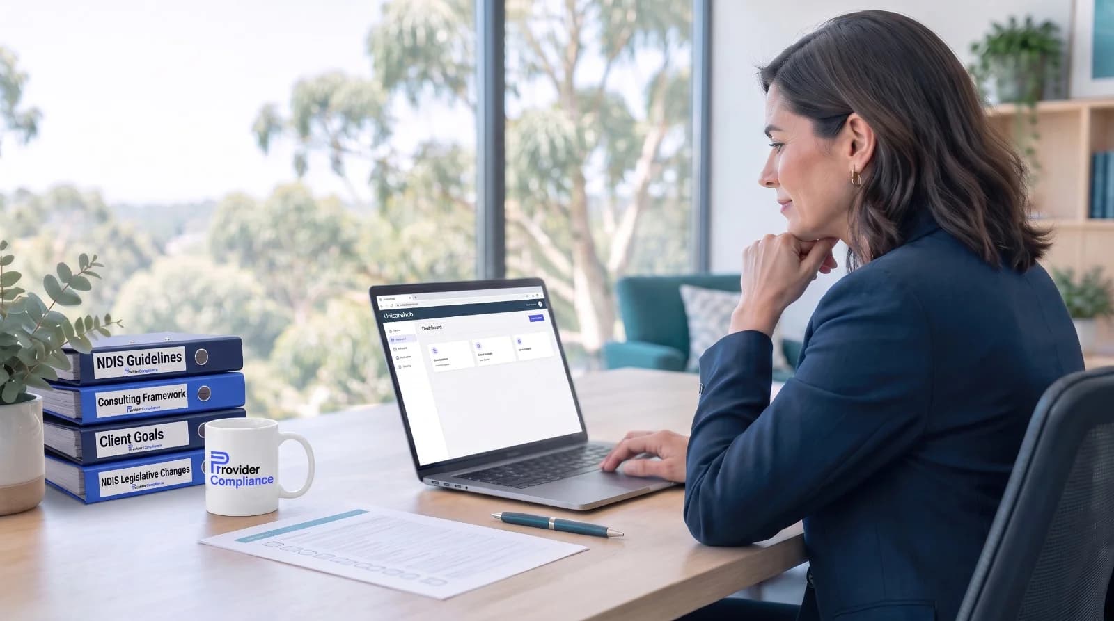 An NDIS provider at her desk reviewing the new Commission portal on a laptop, beside binders labelled NDIS Guidelines and NDIS Legislative Changes.
